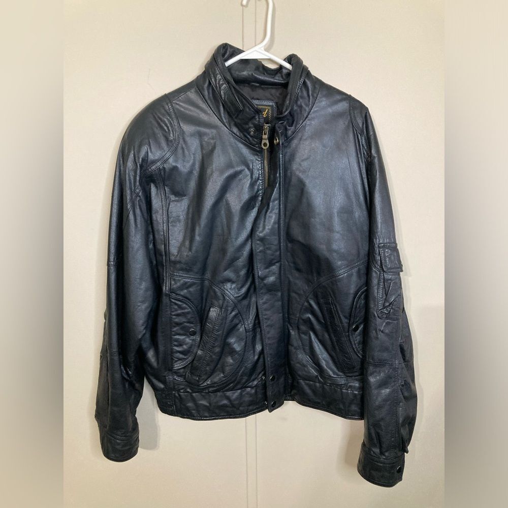 Vintage Reed Black Leather Bomber Jacket Unisex 46/Men's L